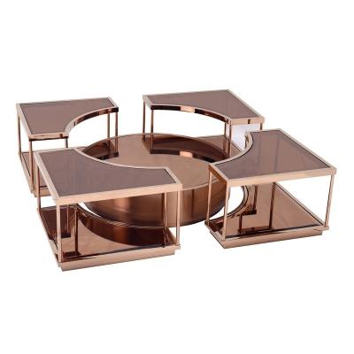 China Contemporary Luxury Combo Square 5-in-1 Stainless Steel + Glass Freestanding Coffee Table Set with Stainless Steel Frame and Glass for Living Room OEM ODM for sale