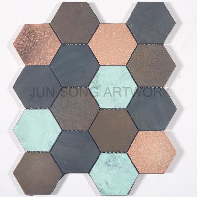 China JS Traditional Wholesale Hexagonal Copper Mosaic Tiles Metal Mosaic Hotel Decor Chinese Colorful Design YM01-CT007 for sale