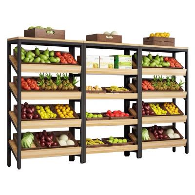 China New Eco-friendly Promotion Factory Price Supermarket Metal Wood Rack Fruit Vegetable Display Stand for sale