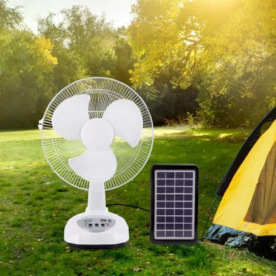 China AC/DC Powered/With 0.5 Hour Timer 14 Inch 9V Solar Panel Charger Table Fan Rechargeable Led Solar Desk Fan with 2 Led Bulb for sale