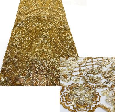 China 2022 Viable New Collection Sewing Luxury Beaded Heavy Heavy Sequins Tulle Lace Fabric Gold Lace Fabric Embroidery for sale