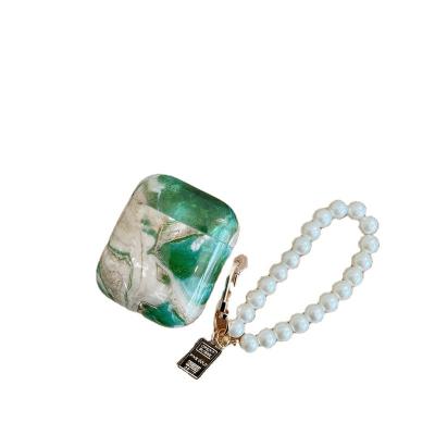 China Green Marble Pearl Wristband Key Chain Fashion Earphone Case For Apple AirPods 1 Key Chain Pearl Cover 2 3 Pro Filling Box Shell Soft Silicone Headset for sale