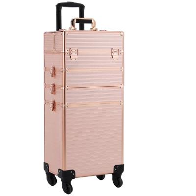 China Fashion Stagiant Makeup Train Case Large Storage Rolling 4 Cosmetic Trolley in 1 Large Capacity Trolley Makeup Travel Case with Key for sale