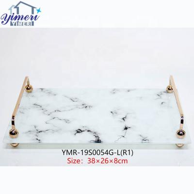 China Nordic Style Rectangle Marble Pattern Cake Food Glass Serving Tray With Metal Handles for sale