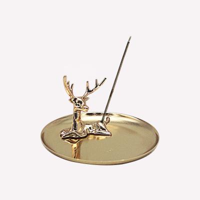 China Custom Small Gold Round Dish Chinese Deer Shape Incense Stick Oud Metal Incense Holder Portable Home Burner for sale