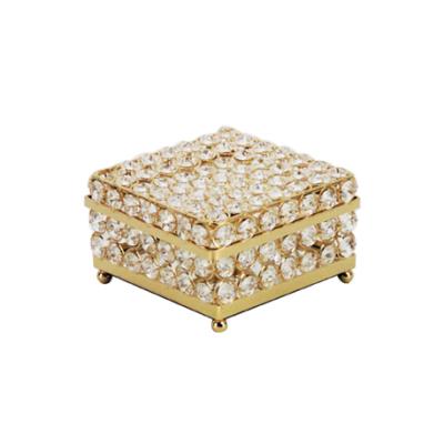 China Stocked Custom Wedding Favors Small Square Gold Crystal Metal Jewelry Trinket Box for sale