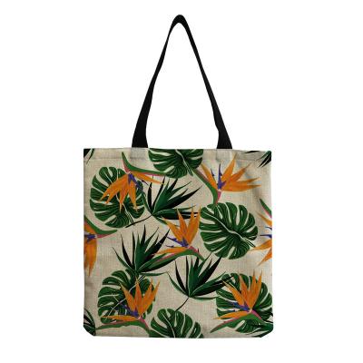 China Hot Selling Handled Linen Tote Reusable Shopping Bag Leaves Floral Pattern Colorful Printing Washable Linen Shoulder Bag Durable Bag for sale