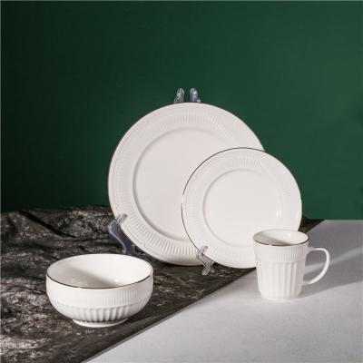 China Sustainable English Style Luxury Royal Stripe Emboss Design Porcelain Dishes Sets Dinnerware Sets For Wedding for sale