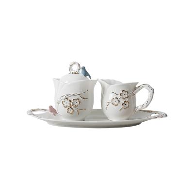 China Viable GEBO Bird and Rose Porcelain Sugar Pot and Creamer Ceramic Jug with Tray Set for sale