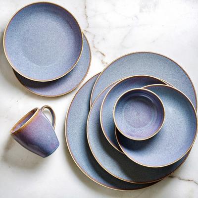 China Viable Customized Blue Glazed Ceramic Nordic Dinner Set Restaurant Wedding Tableware Dishes Round Bowls for sale