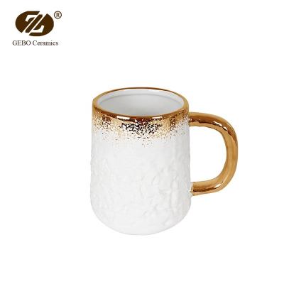 China Viable Wholesale Unique Design Embossed White Stoneware Coffee Milk Beer Mug Ceramic Mug for sale