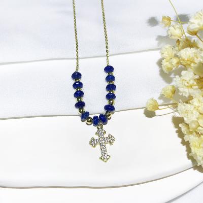 China Vintage Women's Crystal Hand Beaded Cross Pendant Dark Blue 925 Sterling Silver Gold Plated Necklace Jewelry for sale