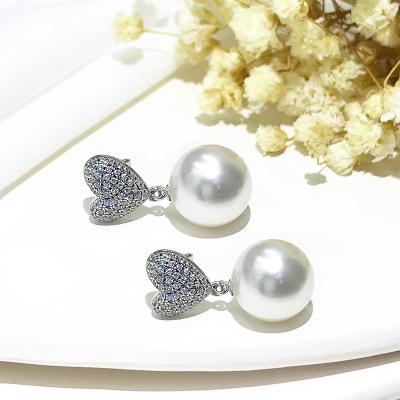 China New 925 Sterling Silver Trendy Luxury Zircon Pearl Stud Earrings Cardioid Jewelry For Women for sale