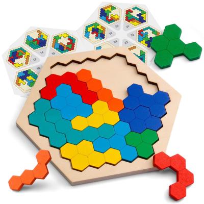 China Eco-friendly Material Wooden Board Toy Interesting Changeful Puzzle Toys IQ Hexagon Jigsaw Honeycomb Shape Tangram Puzzles For Kids for sale