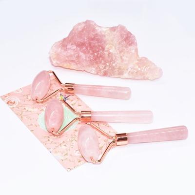 China Face Metal Handle Rose Jade Roller Rose Quartz Slimming Massage Jade Roller With Natural Rose Quartz Jade Facial Roller for sale