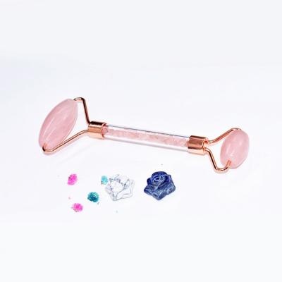 China Best Price Rose Quartz Roller Eternal Flower Silent Pink Jade Roller With Box Jade Roller Beauty Facial Massage Tool for sale