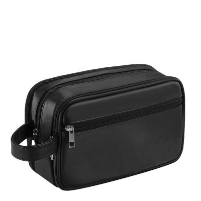 China Multi-Function Single Zipper Leather Cosmetic Set Custom Tool Bag Men's Travel Storage Waterproof Black Leather Portable Bag for sale