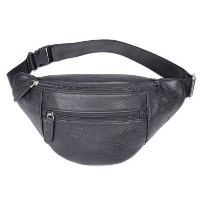 China Water Proof Black Custom Logo Soft Leather Leather Waist Bag Outdoor Sports Cycling Waist Bag Adjustable Straps Men's Leather Waist Bag for sale