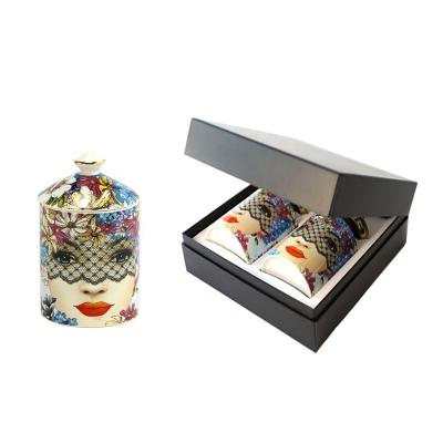 China Home Decor Hot Selling Personalized Ceramic Lady Face Candle Holder Candle Vessels With Lid And Gift Box for sale