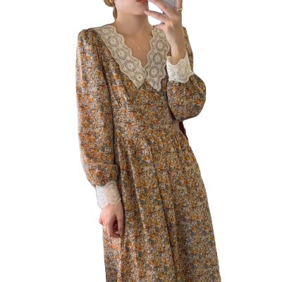 China Autumn and Winter New Women's Long Dress Lace Collar Sleeve Anti-static Printed Breathable Casual Dress Long for sale