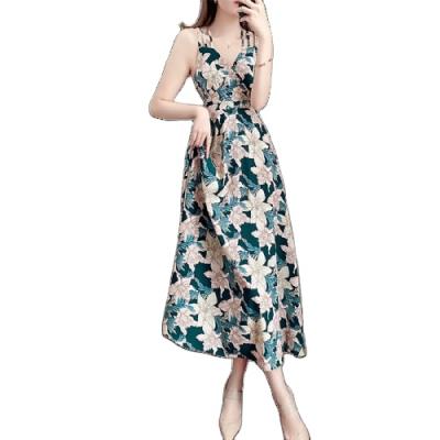 China Vintage Anti-Static Chiffon Backless Women's Suspender Maxi Dress Floral Printing Elegant Casual Outfits for sale