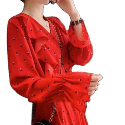 China Anti-Static Women's Long Sleeve Ruffle Bubble Dress Elegant Casual Dresses Floral Printing Long Maxi Dress for sale