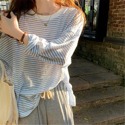 China Factory Custom Fashion Anti-Wrinkle Long Sleeve Round Neck Stripe T-Shirt For Women for sale