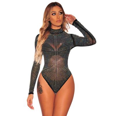 China Long Sleeve Silver Rhinestone Studded Women Thong Jumpsuit Lingerie Jumpsuit for sale