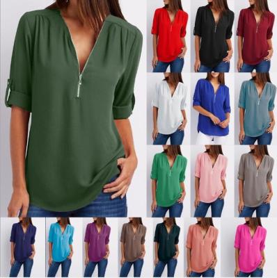 China QUICK DRY Women Main 17 Colors Plus Size V-Neckline Long Sleeve Chiffon Long Sleeve Chiffon Elegant Lady Shirt Blouse For Women for sale