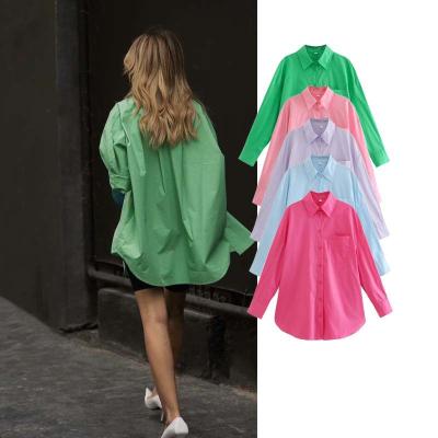 China Nine-color anti-pilling street style fashion cotton pocket blouse candy color shirt hot-selling loose mid length shirts for women for sale