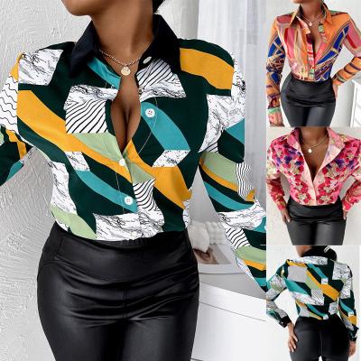 China Designer Long Sleeve Lapel Breasted Fashion Print Simple 2023 Casual Shirts Tops Anti-pilling Blouse For Women for sale