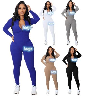 China Custom Logo Jumpsuits For Women 2023 QUICK DRY Zip Up Long Sleeve Workout One Piece Ribbed Jumpsuit Women Playsuits Jumpsuit for sale