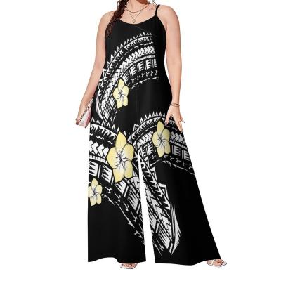 China QUICK DRY customize custom made Polynesian plus size womens clothes loose one piece rompers Plumeria tribal print ladies wide leg jumpsuit for sale