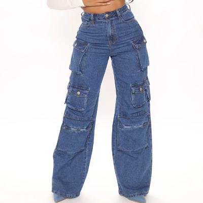 China Color Fade Proof Women High Rise Baggy Pants Multi Pockets Fade Washed Denim Friend Style Wide Leg Cargo Jeans for sale