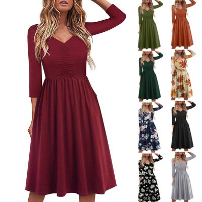 China Wholesale Dry Cleaning Women Long Sleeve V Neck Elegant Dress Print Casual Lady Beach Skirts for sale