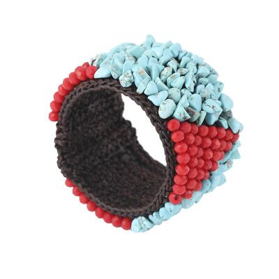 China New Fashion Crystal Natural Gravel Woven Cuff Turquoise Bracelet Open Adjustable Bangle Bracelet Ethnic Tibetan Personality Ethnic Bracelet for sale