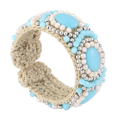 China Custom Made Wholesale Light Blue Crystal Chunky Cuff Ladies Bracelet Handwoven Bangle TRENDY Bangle For Mom Gift for sale