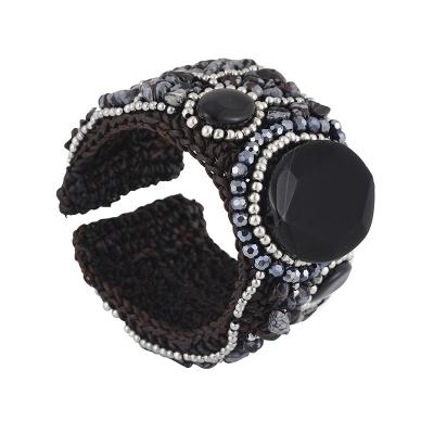 China Wholesale Handmade Wide Cuff Bracelet Indian Boho Vintage Macrame Cuff Bangle Bracelet Black Cut Agate Bangle Wide Cuff Bracelet For Unisex for sale