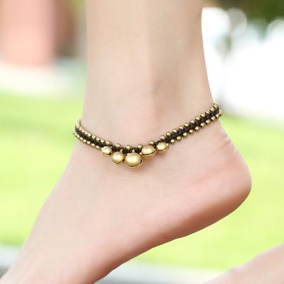 China BOHEMIA Thailand Style Pearl Personality Wax Copper Rope Ethnic Bell Anklet Copper Retro Braided Double Anklet Minimalist Jewelry for sale