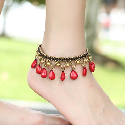 China New BOHEMIA Wax Foot Chain Foot Chain Jewelry Turquoise Brass Handwoven Indonesia Boho Bell Dancing Dangle Anklets For Ladies for sale