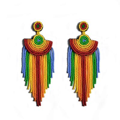 China 2022 Hyperbole Bohemian Luxe Rainbow Colored Seed Pearl Earrings For Women Statement Large Size Tassel Drop Chandelier Earrings For Party for sale