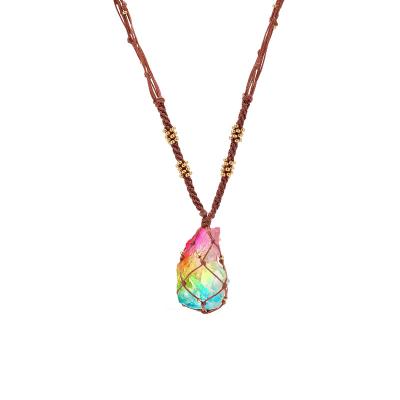 China New Trendy Handmade Colorful Healing Raw Crystal Pendant Quartz Necklace Rainbow Macrame String Wrapped Long Stone Necklaces for sale