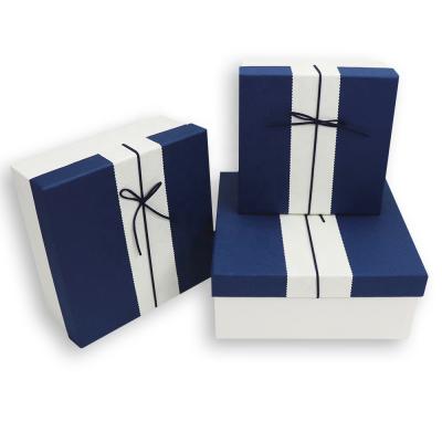 China Handmade Customized Design Blue Cardboard Gift Box Set Packaging With 3pcs Ribbons for sale