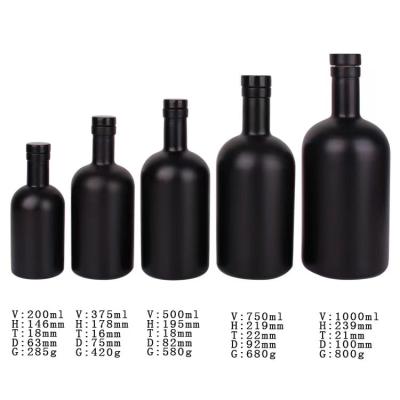 China Custom Matte Black Beverage Vodka Glass Bottle Liquor Spirits Wine Bottle 100ml 200ml 375ml 500ml 750ml 1000ml for sale