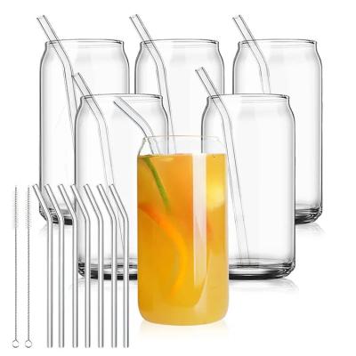 China Beverage USA Store White 12 Ounce 16oz 20oz Coke Clear Frosted Beer Can Shaped Glass Mug With Bamboo Lid And Glass Straw for sale