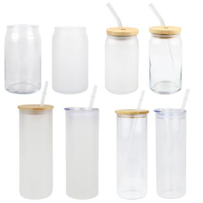 China Drinkware Us 16oz Sublimation Clear Frosted Box Mug 16oz Beer Can Glass Mugs With Lid And Bamboo Straws for sale