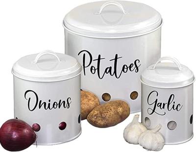 China Vegetable Storage Boxes Maker Galvanized Iron Potato Garlic Onion Containers Kitchen Fruit Metal Viable Canisters 3pcs Set for sale