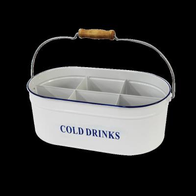 China Barware Sustainable Oval Bucket 5.9L Galvanized Iron Wine Cold Drink Bucket With Handle Part Metal 6 Bottles Wooden Beer Bucket for sale