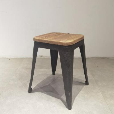 China Industrial Side Bar Cafe Restaurant Wood-Seat Cheap Height Metal Frame Dining Bar Stools Bar Chairs Old Elm Board for sale