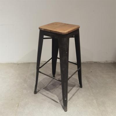 China Cheap Height Industrial Side Bar Cafe Restaurant Wood-Seat Metal Frame Dining Bar Stools Bar Chairs Old Elm Board for sale